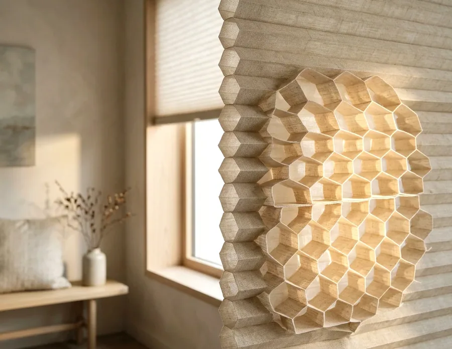 Close view of cellular honeycomb blind air cells glowing in the sun at a Birdhaven, Johannesburg window