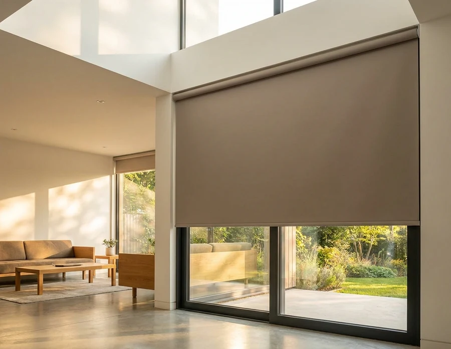 Concealed blind fabric hanging as a single flat sheet from a slim ceiling recess above stacking glass doors in a double-volume Birdhaven, Johannesburg living room