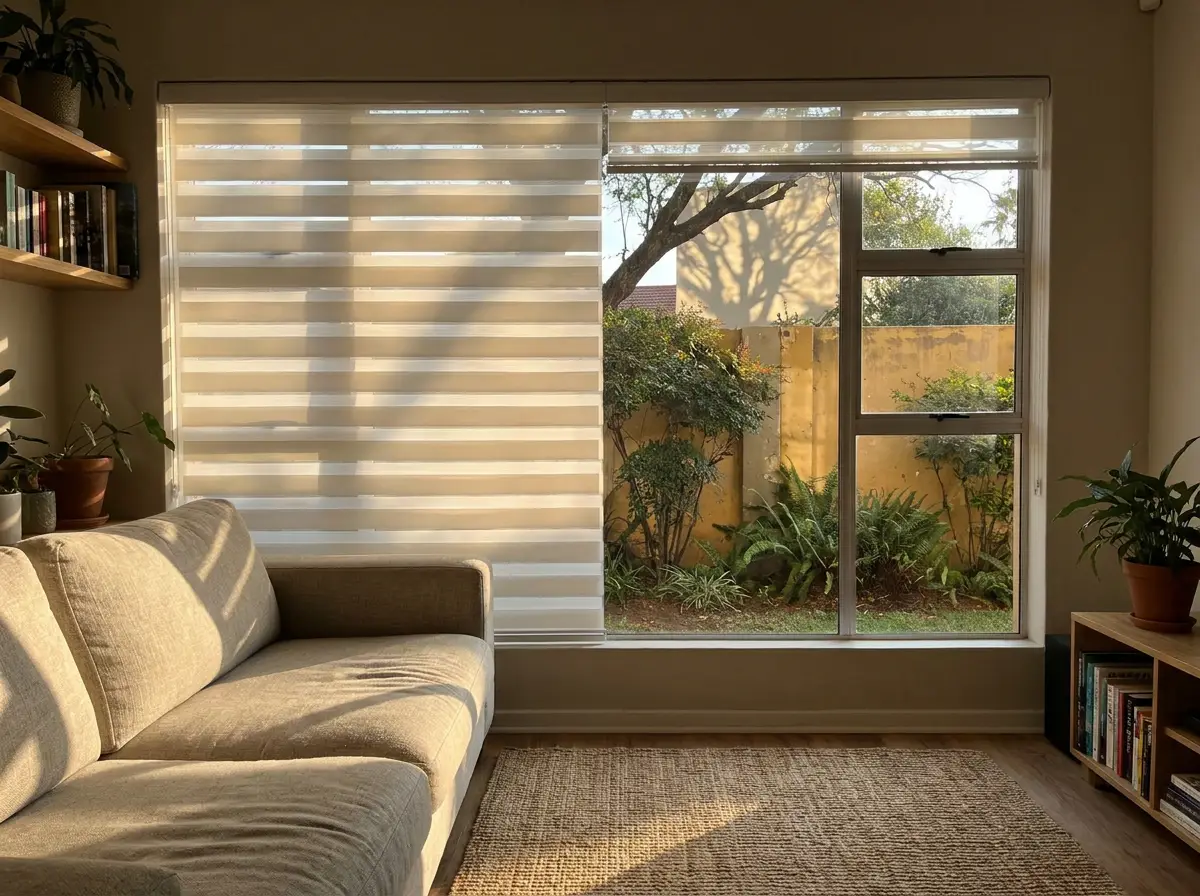 Day/night zebra blind banding afternoon light across a Birdhaven, Johannesburg living room facing a neighbour's boundary wall