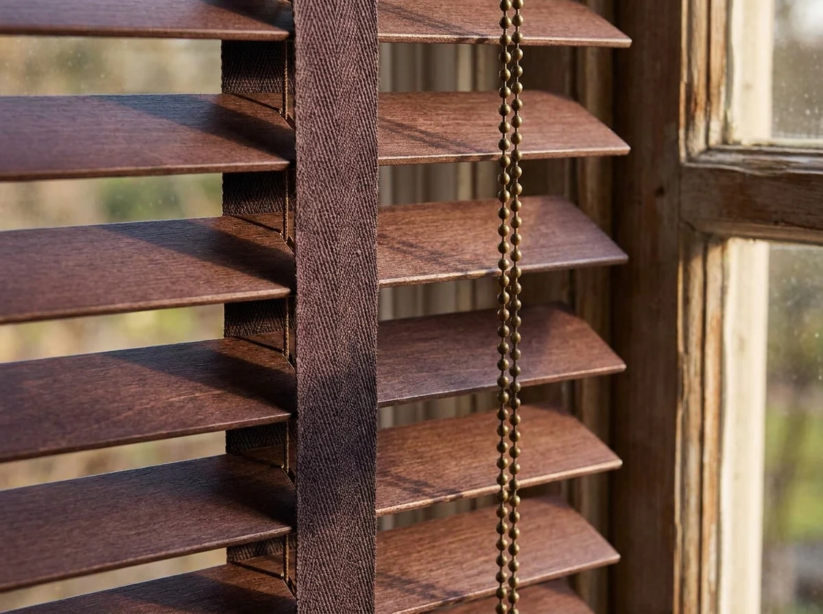 Wide detail shot of a stack of timber venetian slats, woven tapes and brass control chain in aubergine-brown and old gold tones, with a hint of window frame