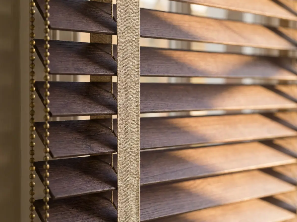 Close-up of timber venetian slats, woven tapes and brass control chain in aubergine-brown and old gold tones