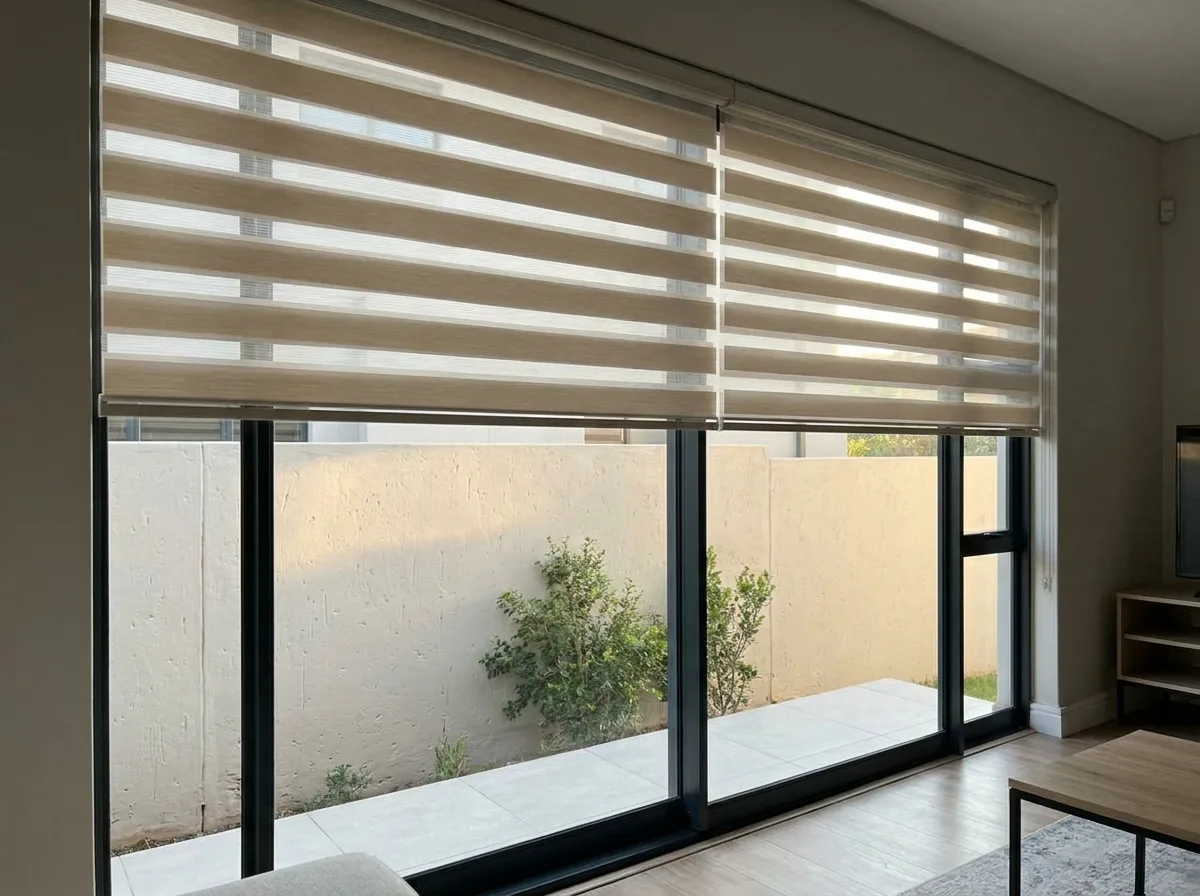 Day/night zebra blind with alternating sheer and solid bands over a wide Birdhaven living-room window, a pale plastered neighbour's boundary wall a short distance beyond the glass