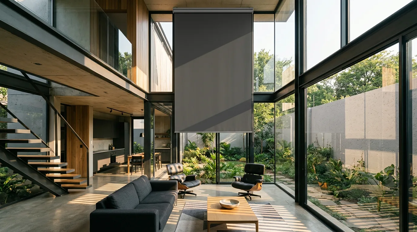 Late-afternoon sun striping the floor of a double-volume Birdhaven living room, a blockout roller blind lowered halfway down the tall glazing with a concrete boundary wall close behind the garden