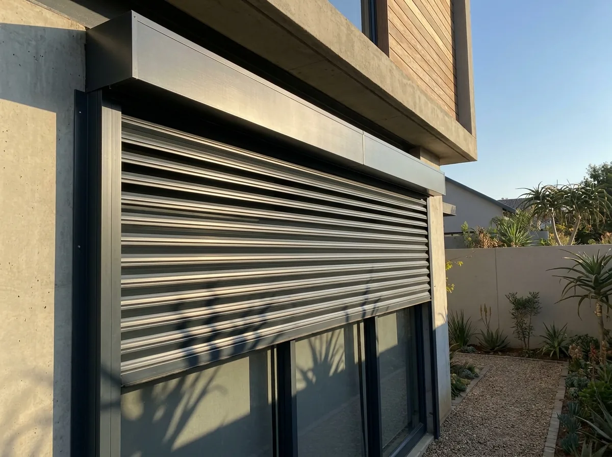 External aluminium roller shutter with rigid horizontal slats lowered two-thirds of the way down the outside of a window on a contemporary Johannesburg house, running in side guide rails from a slim headbox