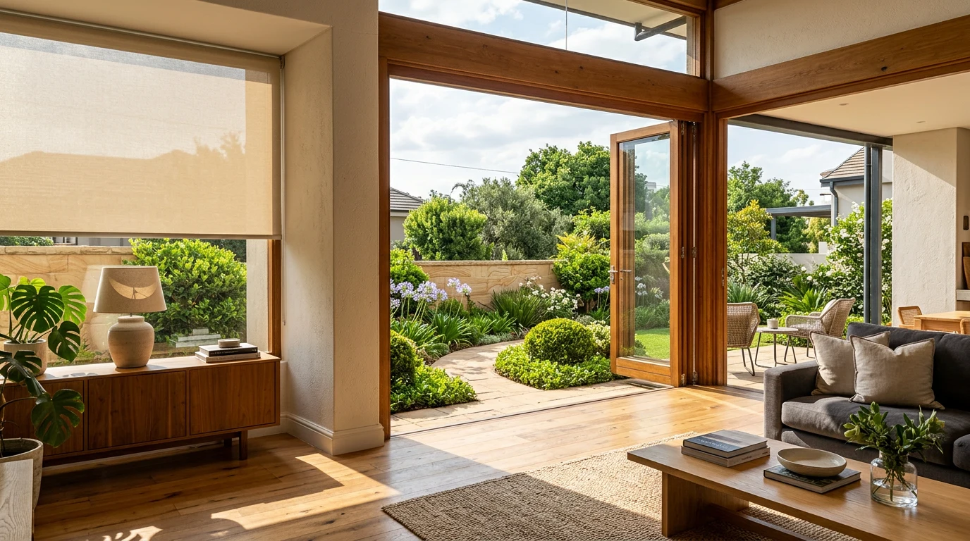 View from inside a Birdhaven living room through open stacking glass doors onto the garden, a sunscreen roller blind raised halfway on the adjacent window