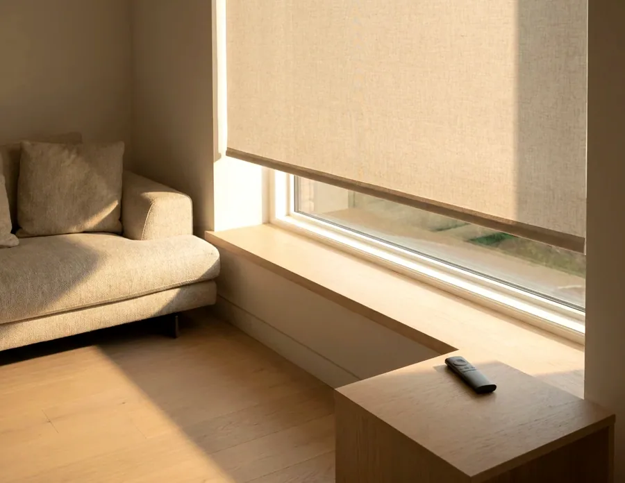 Motorised roller blind half-lowered over a Birdhaven, Johannesburg window with its remote control on the side table