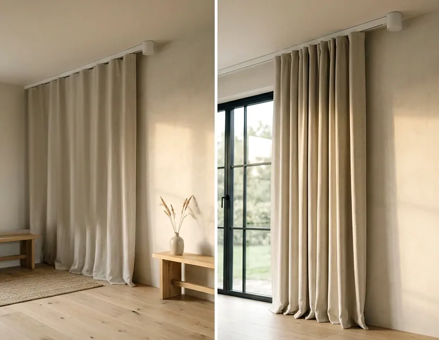 Sheer and blockout curtains on a motorised track catching dusk light in a Birdhaven, Johannesburg living room