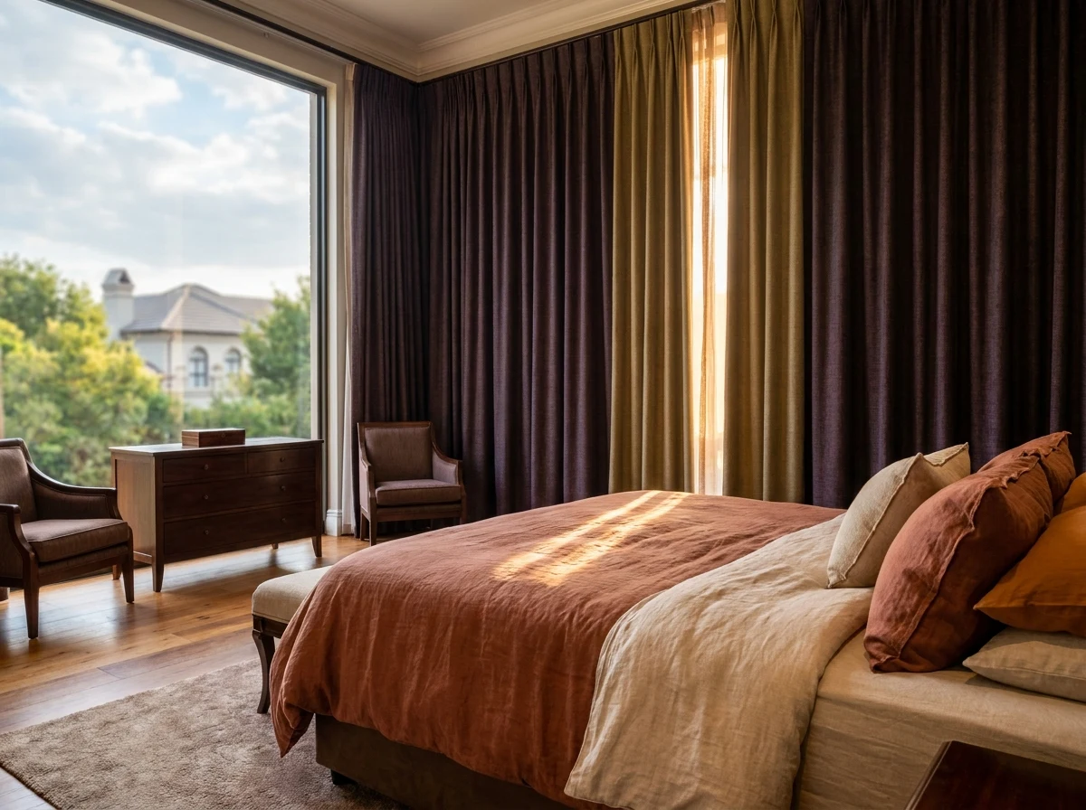 Floor-to-ceiling curtains in aubergine-brown and old-gold tones on a motorised track in a Melrose, Johannesburg bedroom, viewed from the foot of the bed toward the window