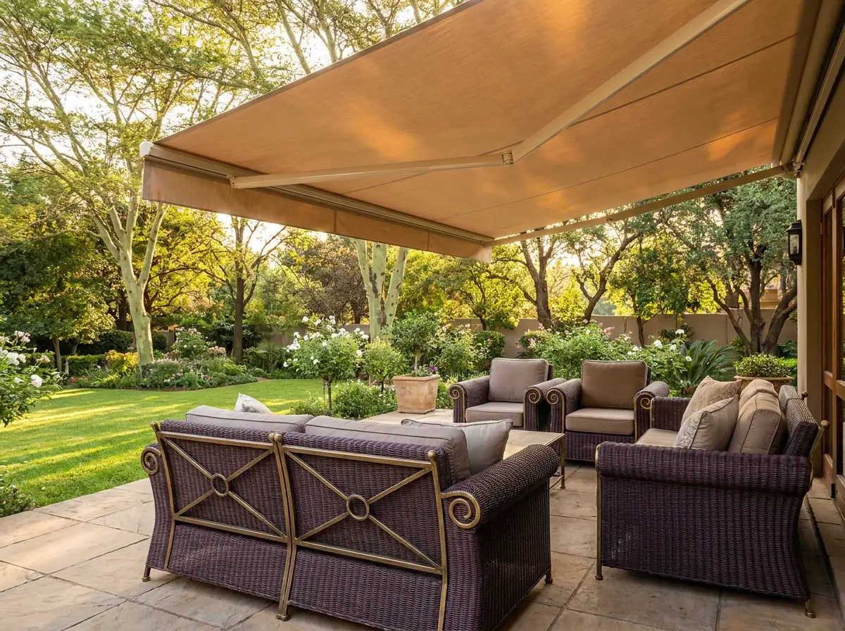 Folding-arm awning in warm linen-toned fabric shading a wicker patio lounge suite in a Birdhaven, Johannesburg rose garden