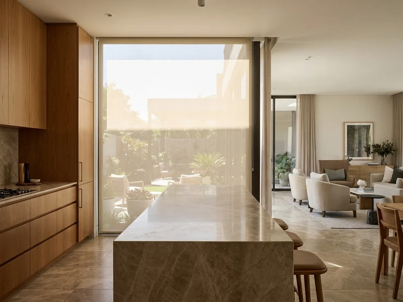 Sunscreen roller blind filtering midday glare, viewed from the marble kitchen island toward the open-plan living area of a Birdhaven, Johannesburg home