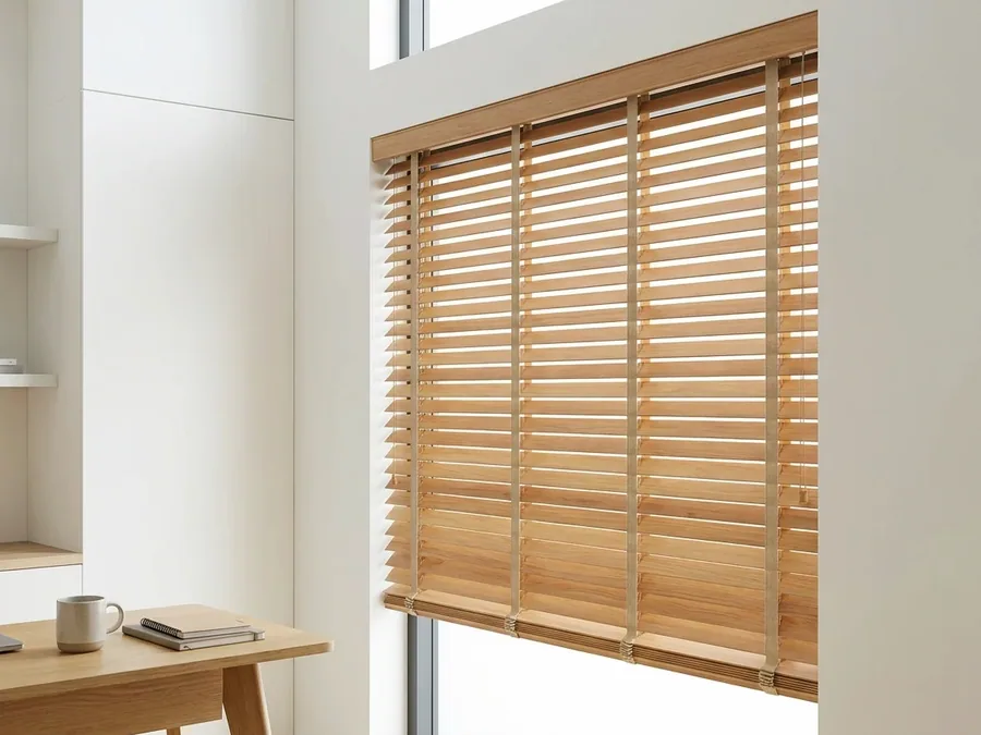 Timber venetian blinds with slats tilted to the afternoon sun in a Birdhaven, Johannesburg living room